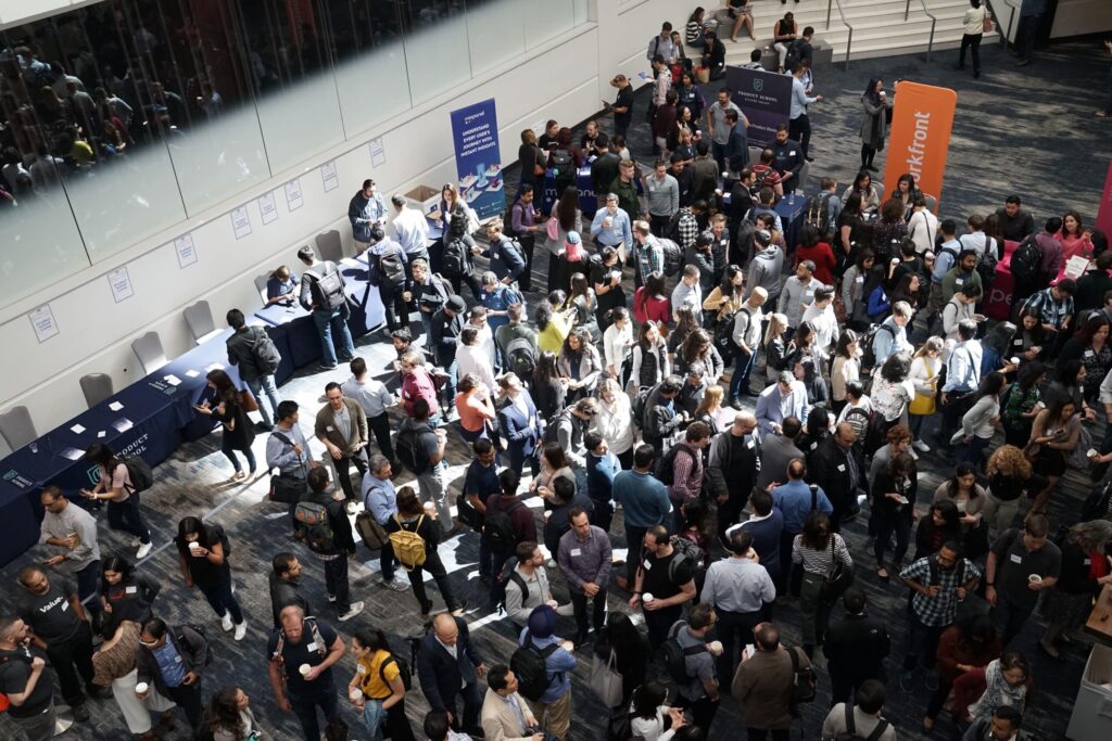 Arial image of people at an exhibition