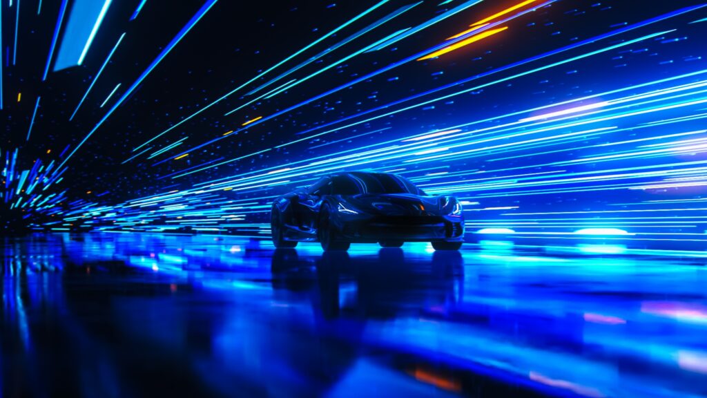 3D model rendering of a sports car driving