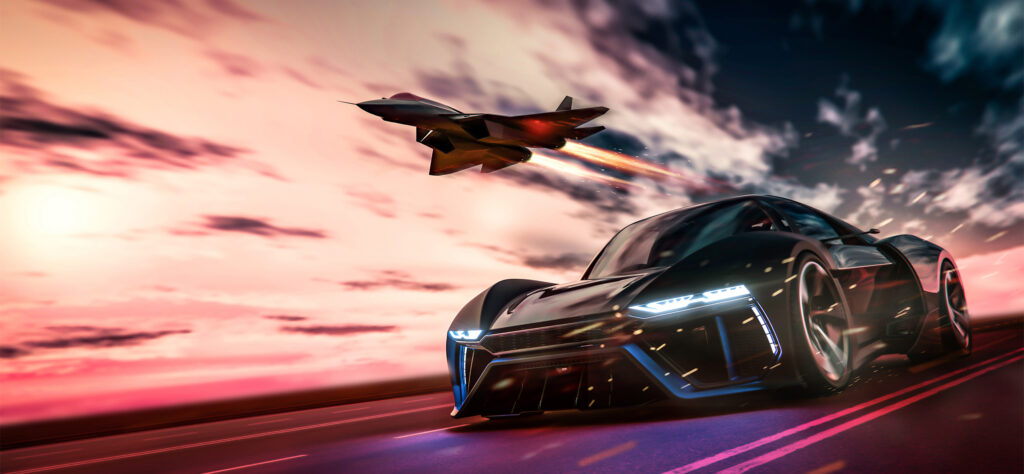 Rendered image of a modern hypercar and aircraft speeding through a pink background
