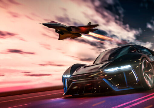 Rendered image of a modern hypercar and aircraft speeding through a pink background