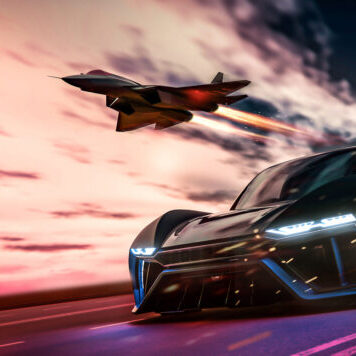 Rendered image of a modern hypercar and aircraft speeding through a pink background